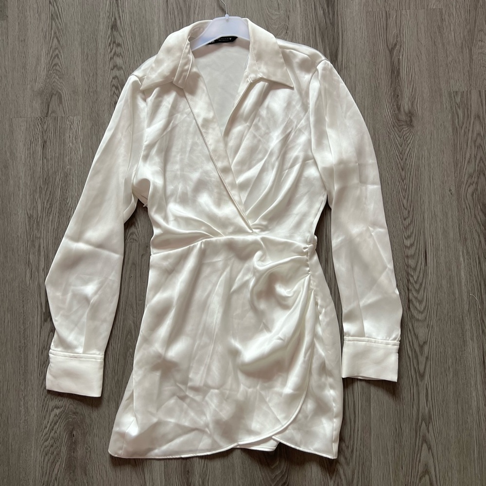 Zara Wrap Front Satin Effect Dress White